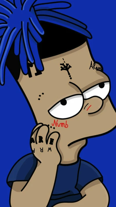 Bart Simpson mit blauen stacheligen Haaren sieht nachdenklich und traurig aus, zeigt Tattoos und einen nachdenklichen Ausdruck vor einem hellblauen Hintergrund.