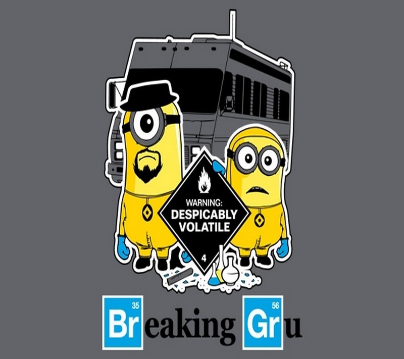 Пара миньонов стоит рядом с табличкой, на которой написано breaking gu (во все тяжкие, breaking bad, гадкий я, despicable me, смешной)