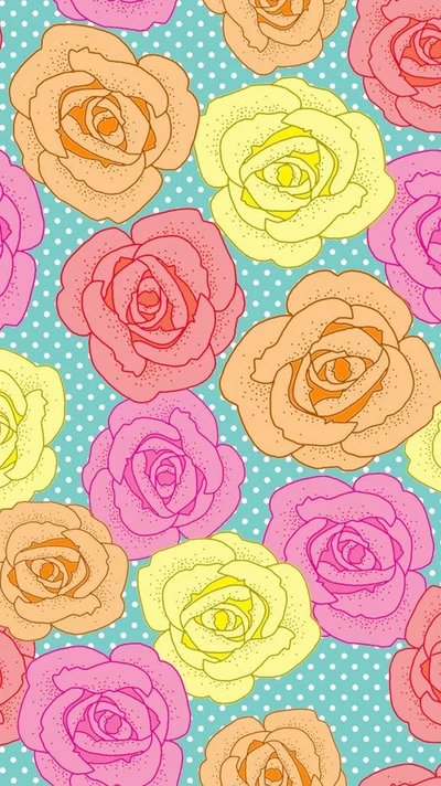 Colorful Painted Roses on Polka Dot Background