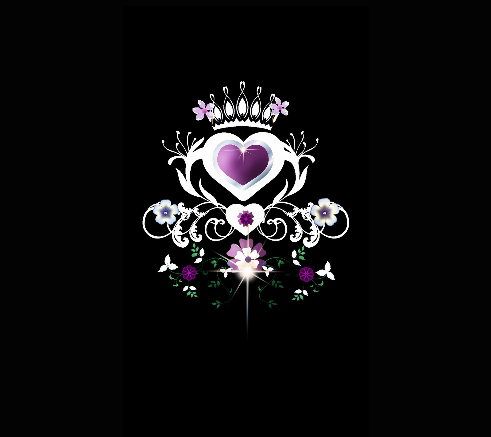 Un corazón morado con corona y flores sobre un fondo negro (diseño, flor, corazón)