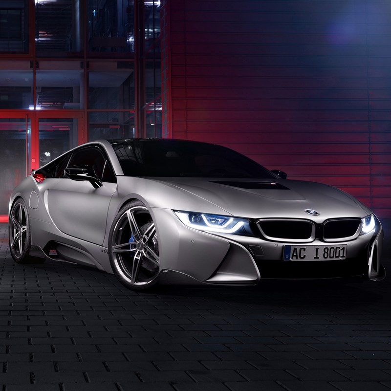 Концептуальный автомобиль bmw i8 перед зданием ночью (авто, биммер, bimmer, bmw, машина)