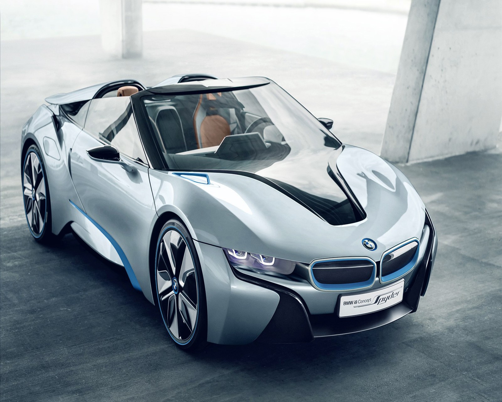 Bmw i8 roadsee concept car in a parking garage (bmw, spyder)