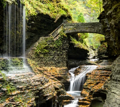 bridge, mountain, rock, water, waterfall