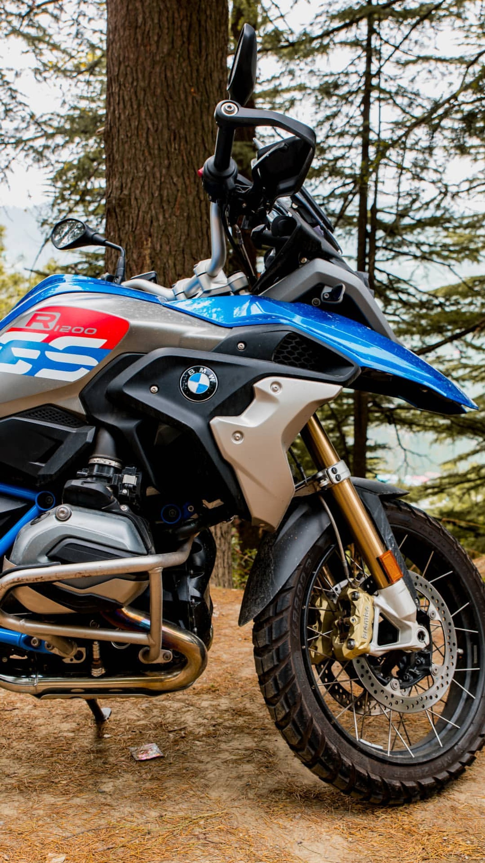 Uma motocicleta estacionada na floresta perto de uma árvore (bicicleta, bmw, motocicleta, superbike, viagem)