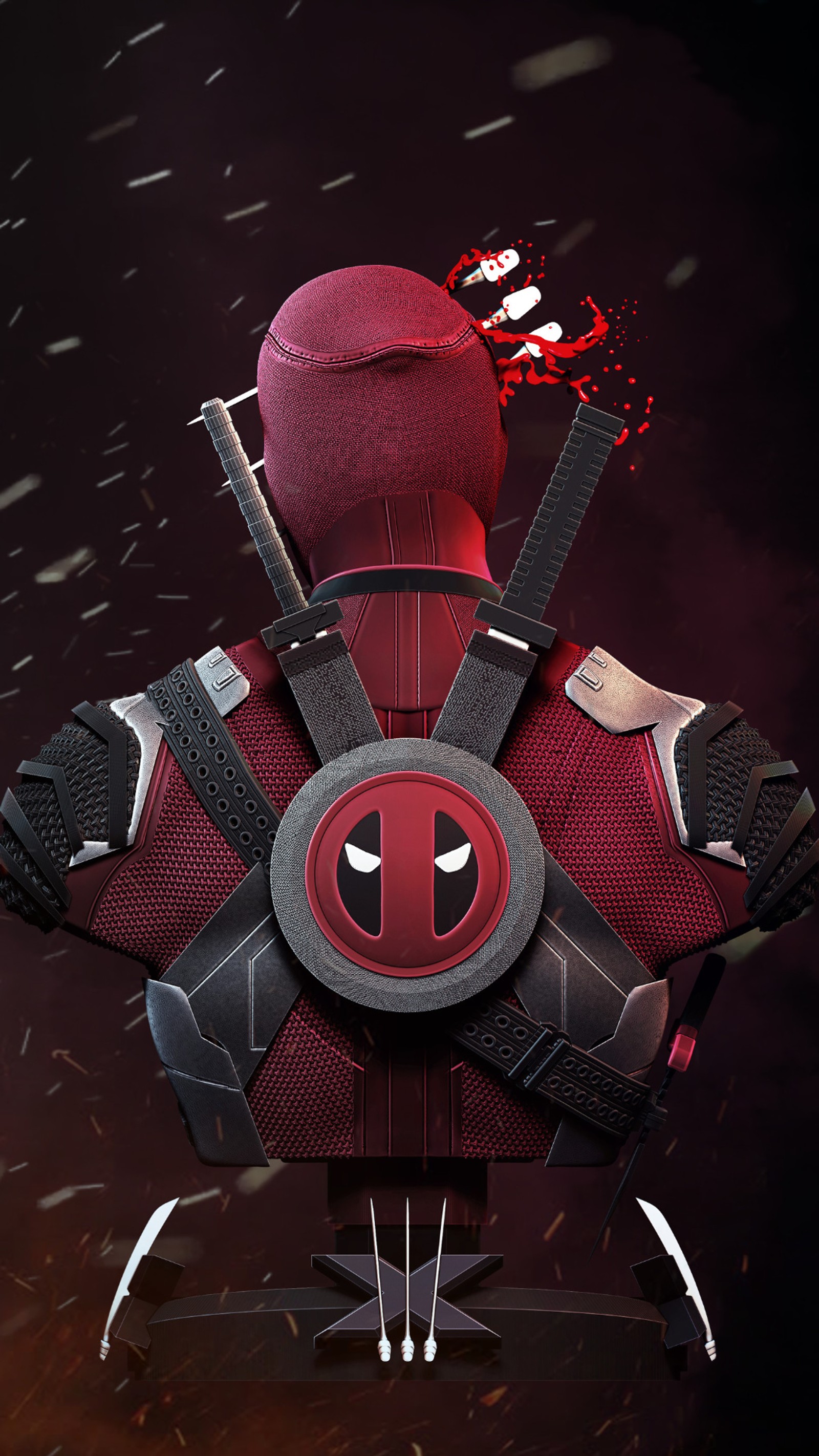 Un primer plano de una figura de deadpool con una capucha roja y un sombrero rojo (súper, héroe, marvel, espadas, logotipo)