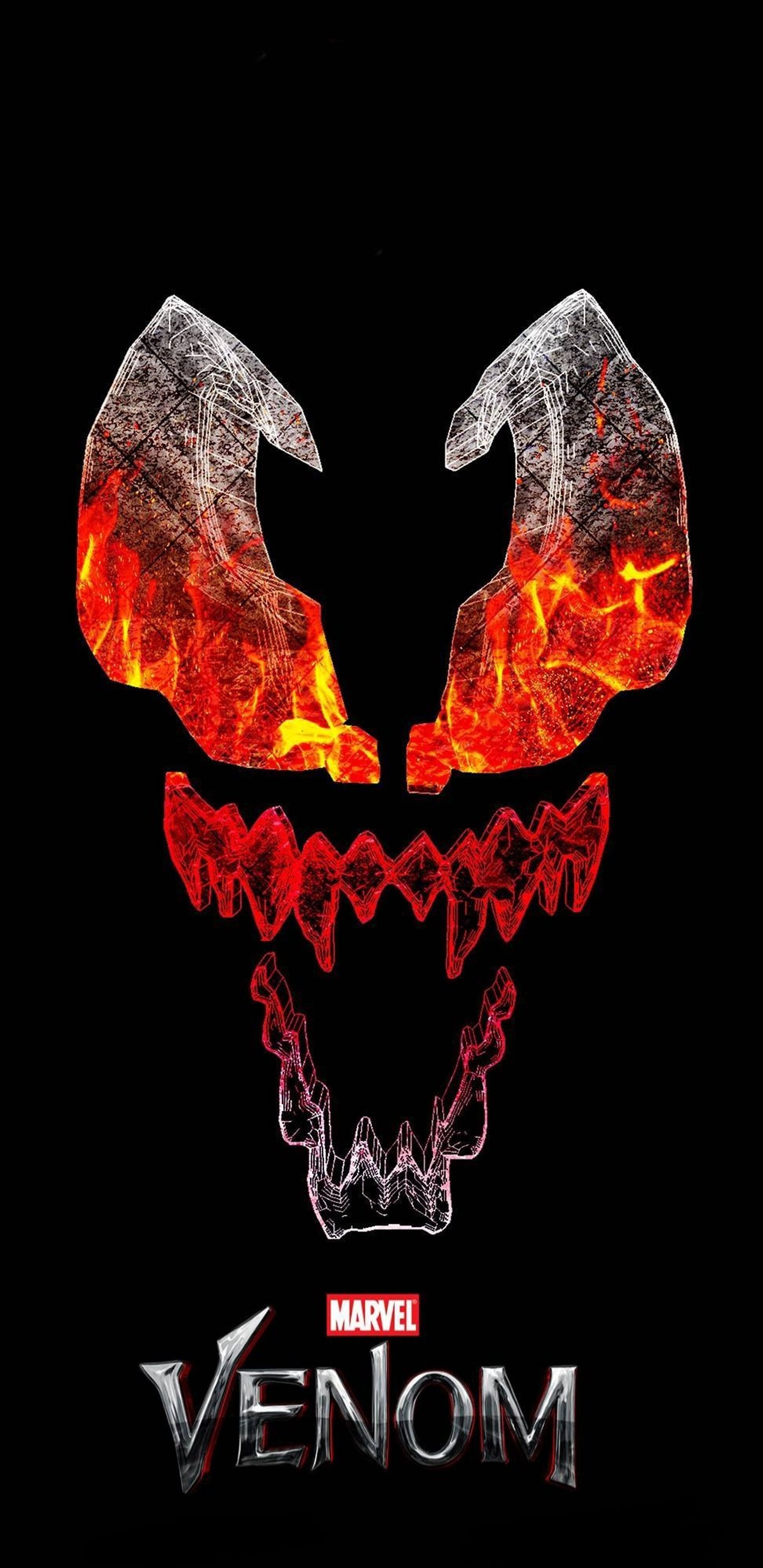 Un gros plan d'une affiche avec le logo venom sur un fond noir (noir, marvel, rouge, tom hardy)