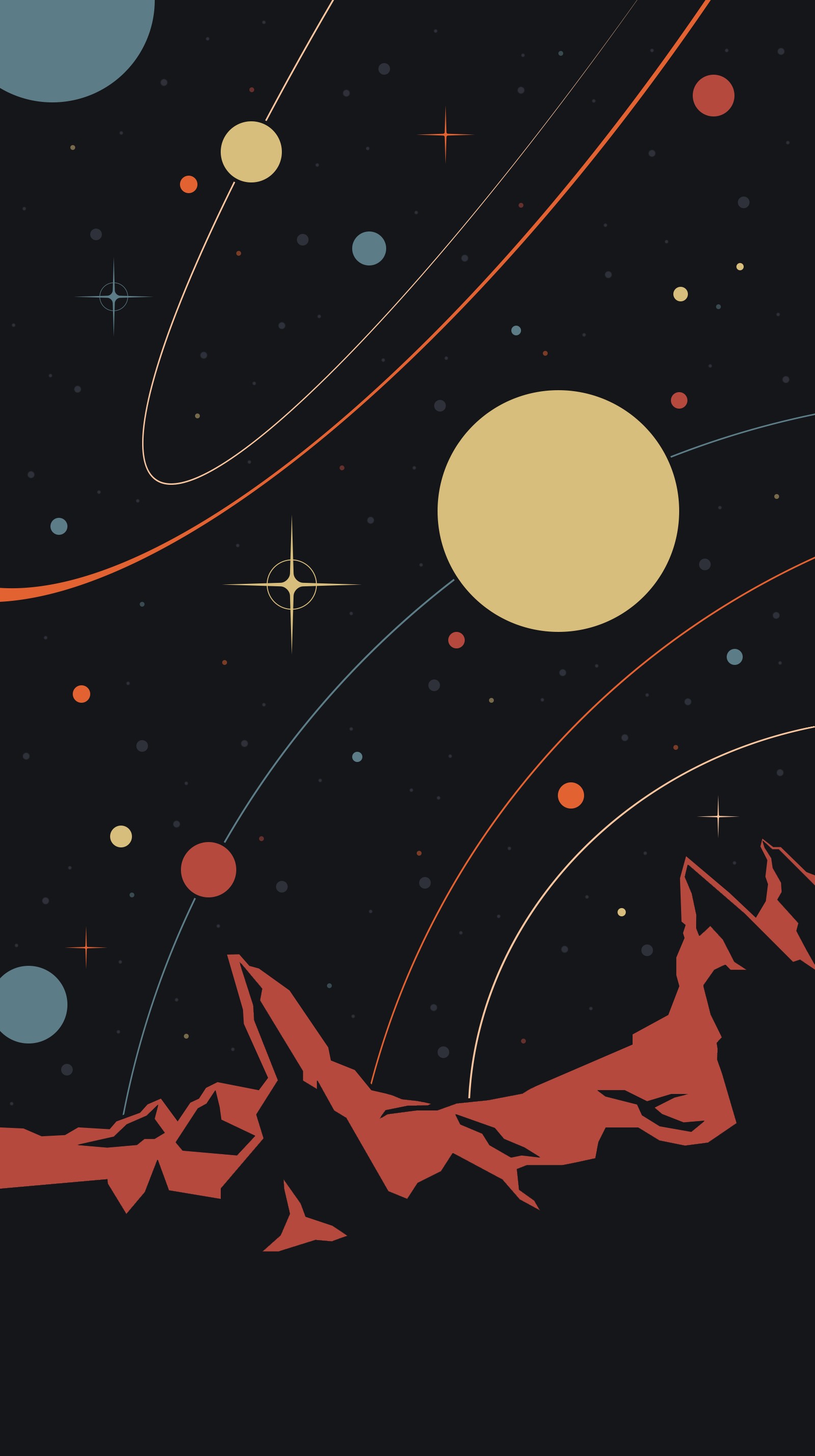 Há uma imagem de uma cena espacial com uma montanha e planetas (cartaz, design gráfico, ilustração, artes visuais, design)