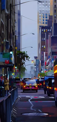 Urban Evening: A Dynamic Street Scene with Cars and City Infrastructure