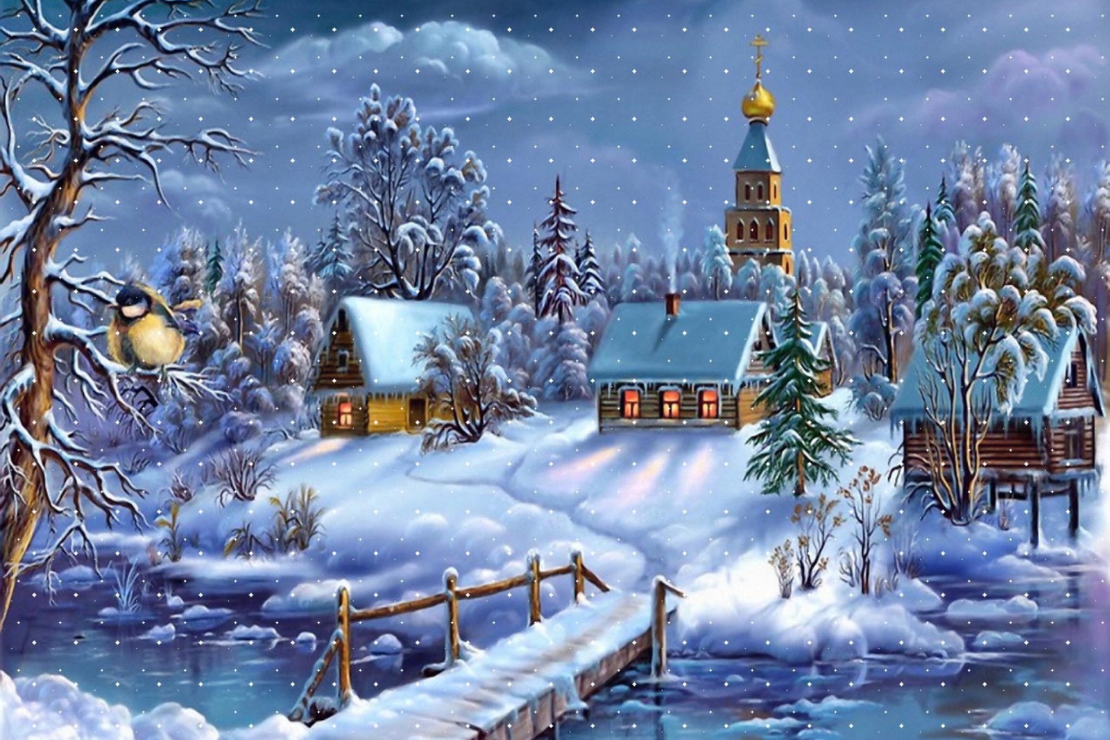 A painting of a snowy village with a bridge and a church (christmas day, christmas tree, winter, snow, watercolor paint)