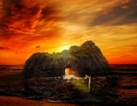 Golden Hour Serenity: A Figure Illuminates the Cave Entrance Amidst a Dramatic Sunset Over the Sea