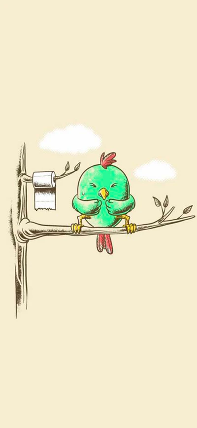 Cheerful Green Bird on a Branch with Toilet Paper Roll