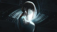 Monochrome Anime Character Pointing in a Dark, Spiraling Urban Space