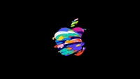 Logo de Apple colorido con diseño en espiral sobre fondo negro