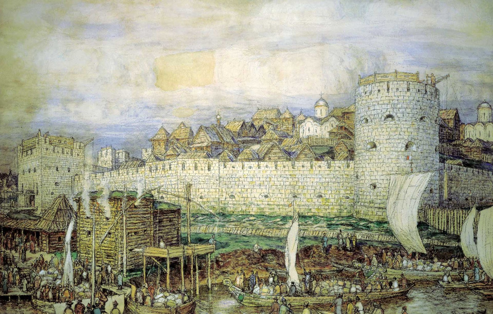 A painting of a castle with a lot of people on it (painting, art, watercolor paint, visual arts, history)