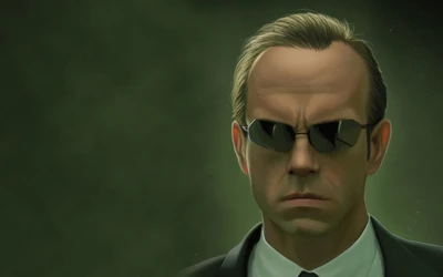 A stylized portrayal of a gentleman character with sunglasses, exuding a serious demeanor against a dark, moody backdrop, reminiscent of a digital sci-fi universe.