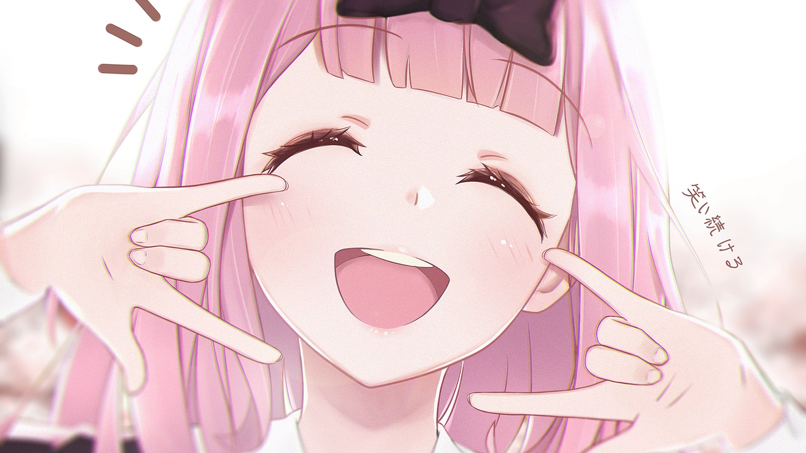 Anime girl with pink hair and black bow making a face (chika fujiwara, kawaii, kaguya sama love is war, pink aesthetic, cute)