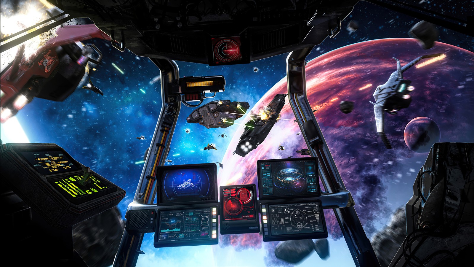 Spaceships and space ships in a spaceship cockpit with a view of the earth (space, spacecraft, battle, sci fi)