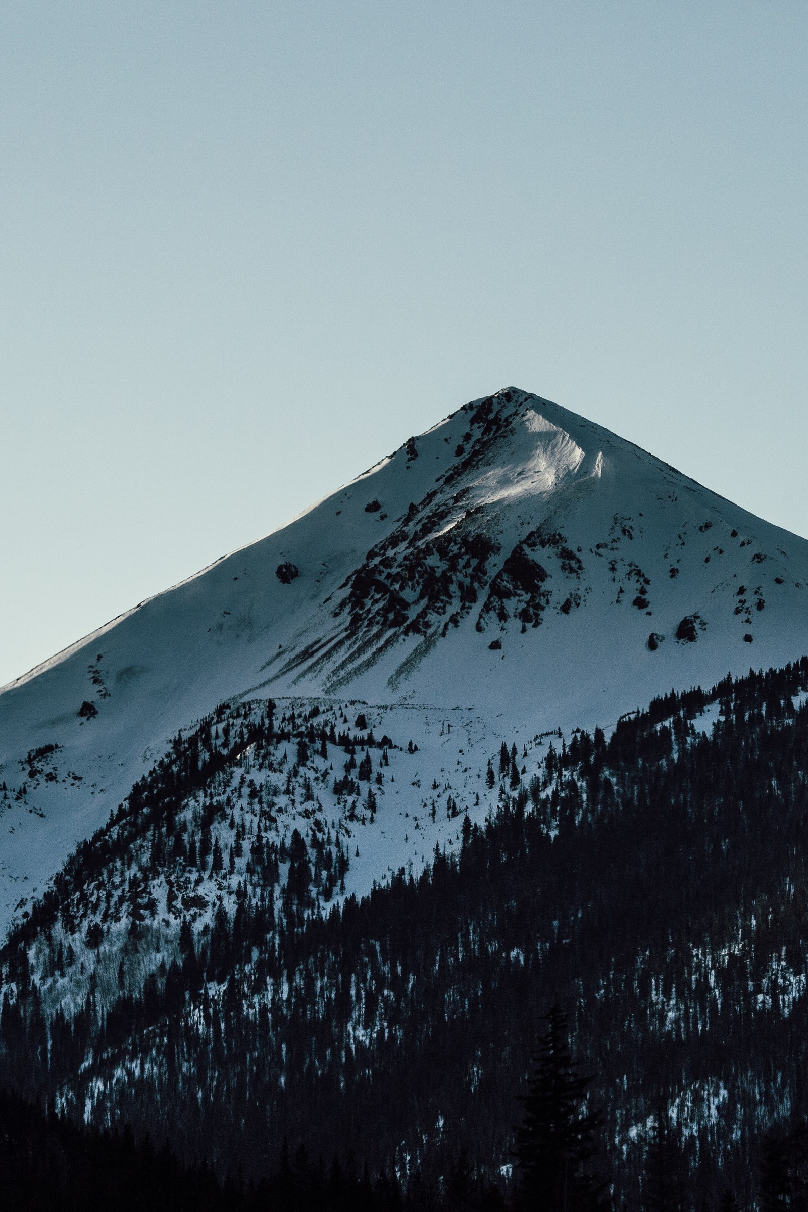 Mountains covered in snow and trees with a clear sky (mountainous landforms, mountain, highland, snow, fell)