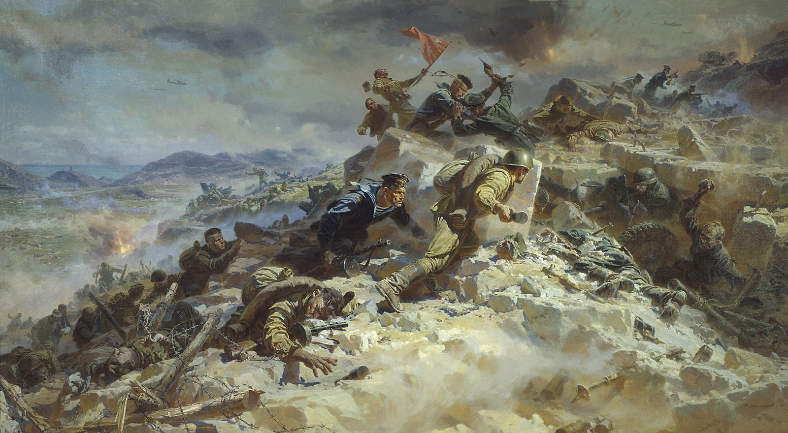 Pintura de un grupo de soldados en una colina rocosa con una bandera (segunda guerra mundial, gran guerra patriótica, pintura, arte, batalla)