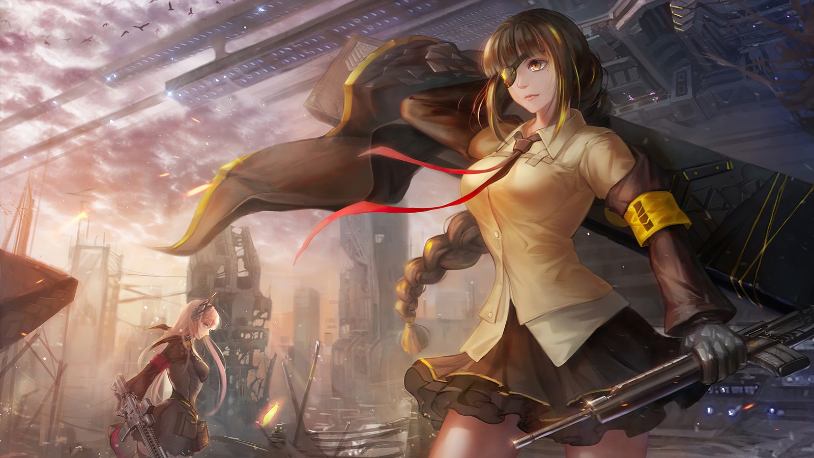 Une femme en chemise jaune tenant une épée dans une ville (anime, girls frontline, jeu vidéo, m16a1)