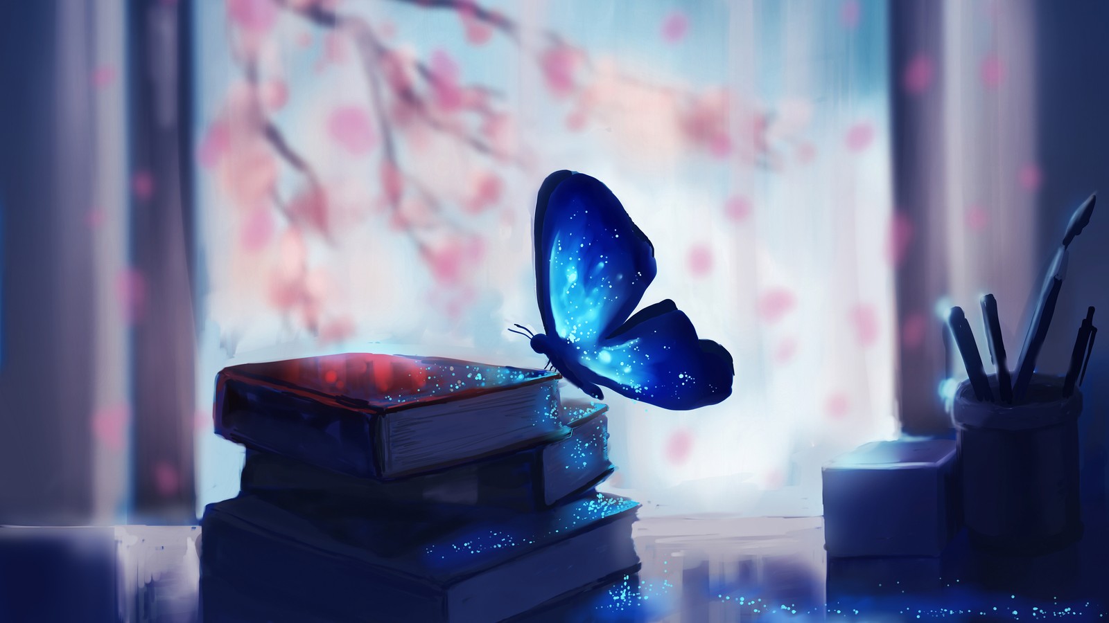 There is a butterfly that is flying over a stack of books (butterfly, animals, fantasy, art)