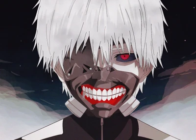 Ken Kaneki na forma Kakuja, exibindo um sorriso ameaçador e traços marcantes contra um fundo escuro.