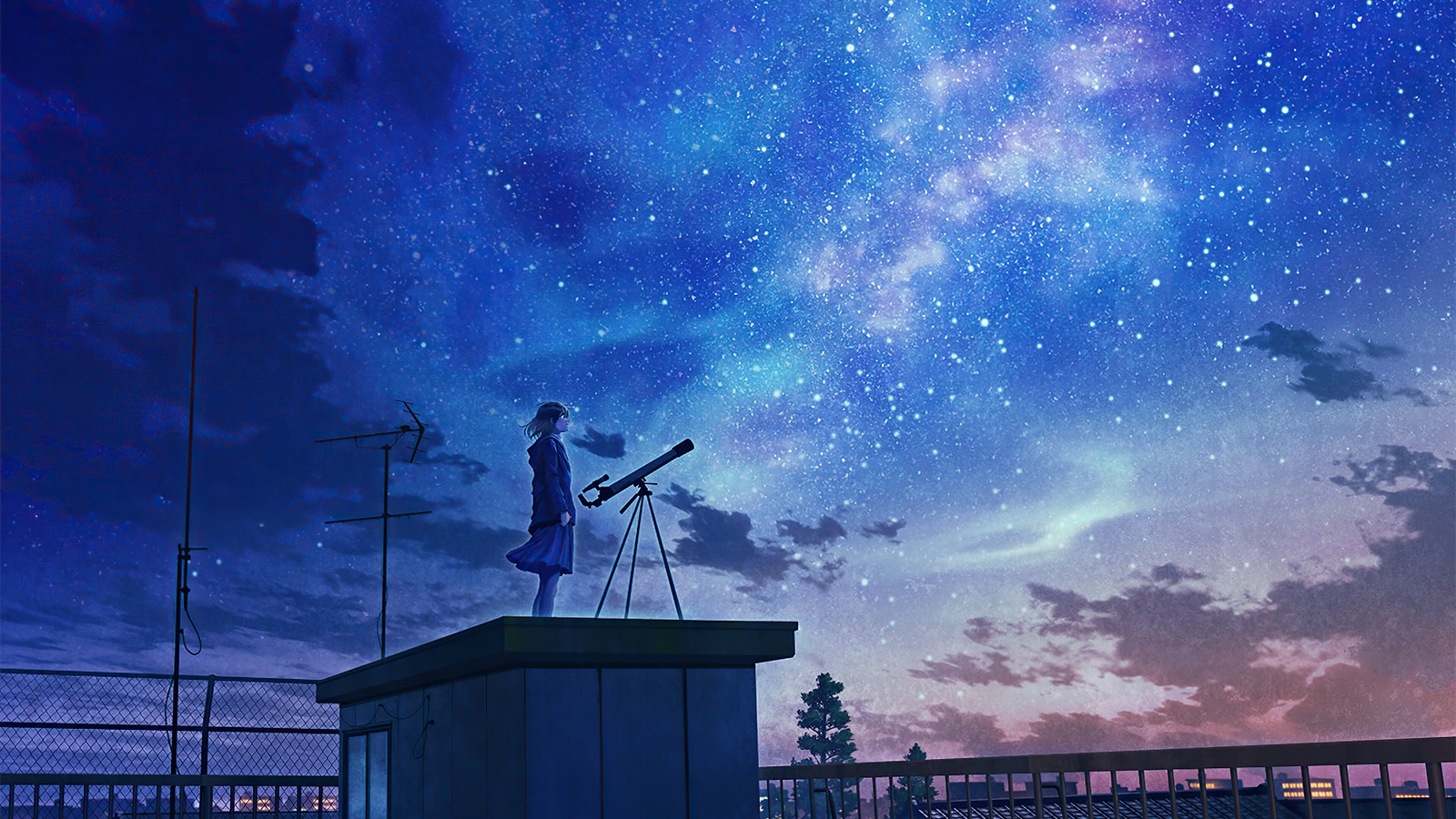 Anime, girl, night, stars, telescope, sky, night sky (stargazing, starry, stars, night, sky)