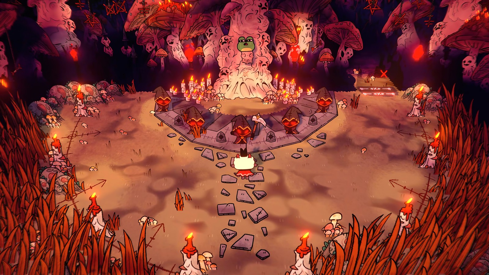 A cartoon image of a group of people in a cave (cult of the lamb, video game)