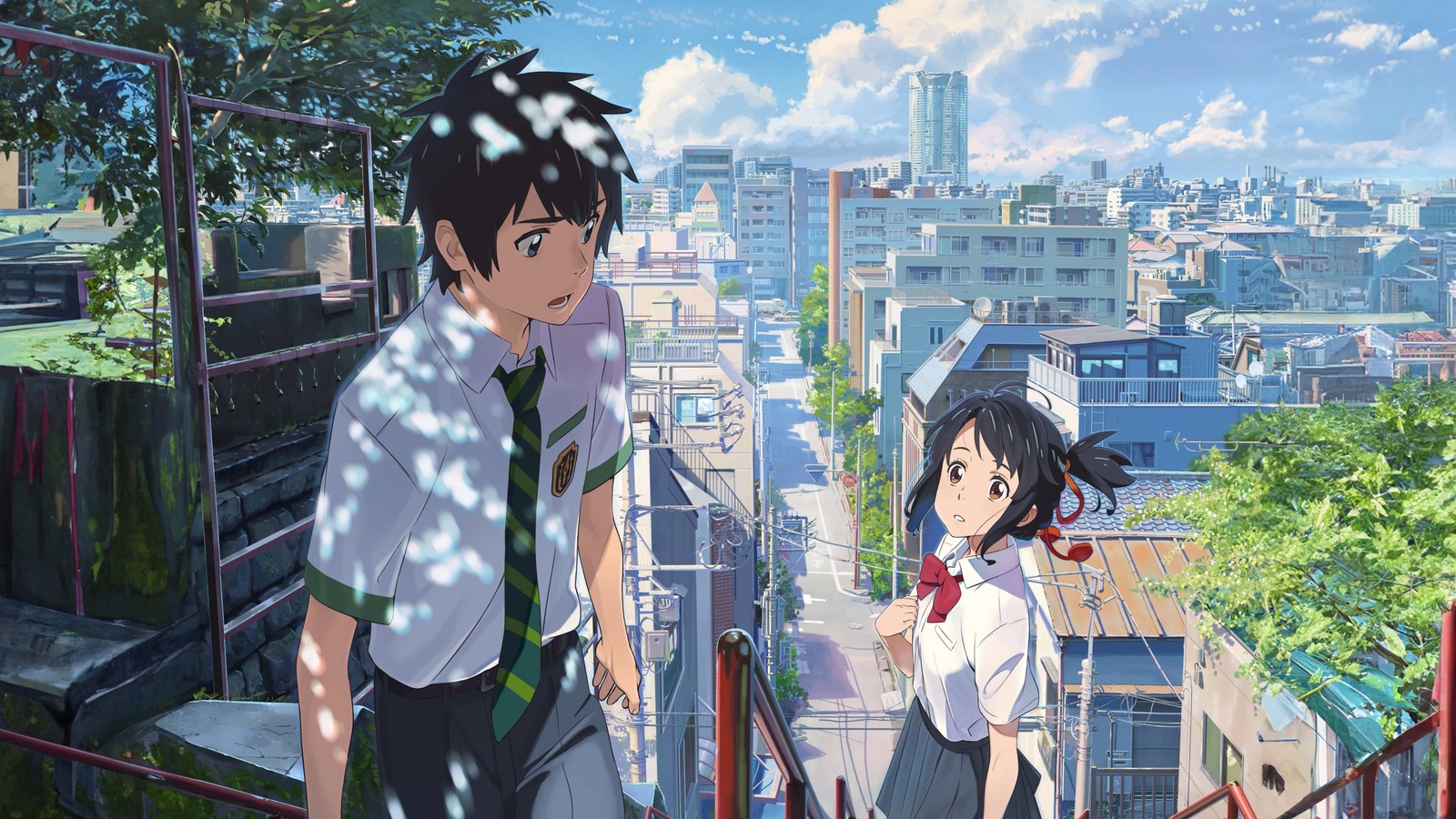 Personajes de anime de pie en una escalera en una ciudad (tu nombre, 5k, mitsuha miyamizu, taki tachibana, your name)