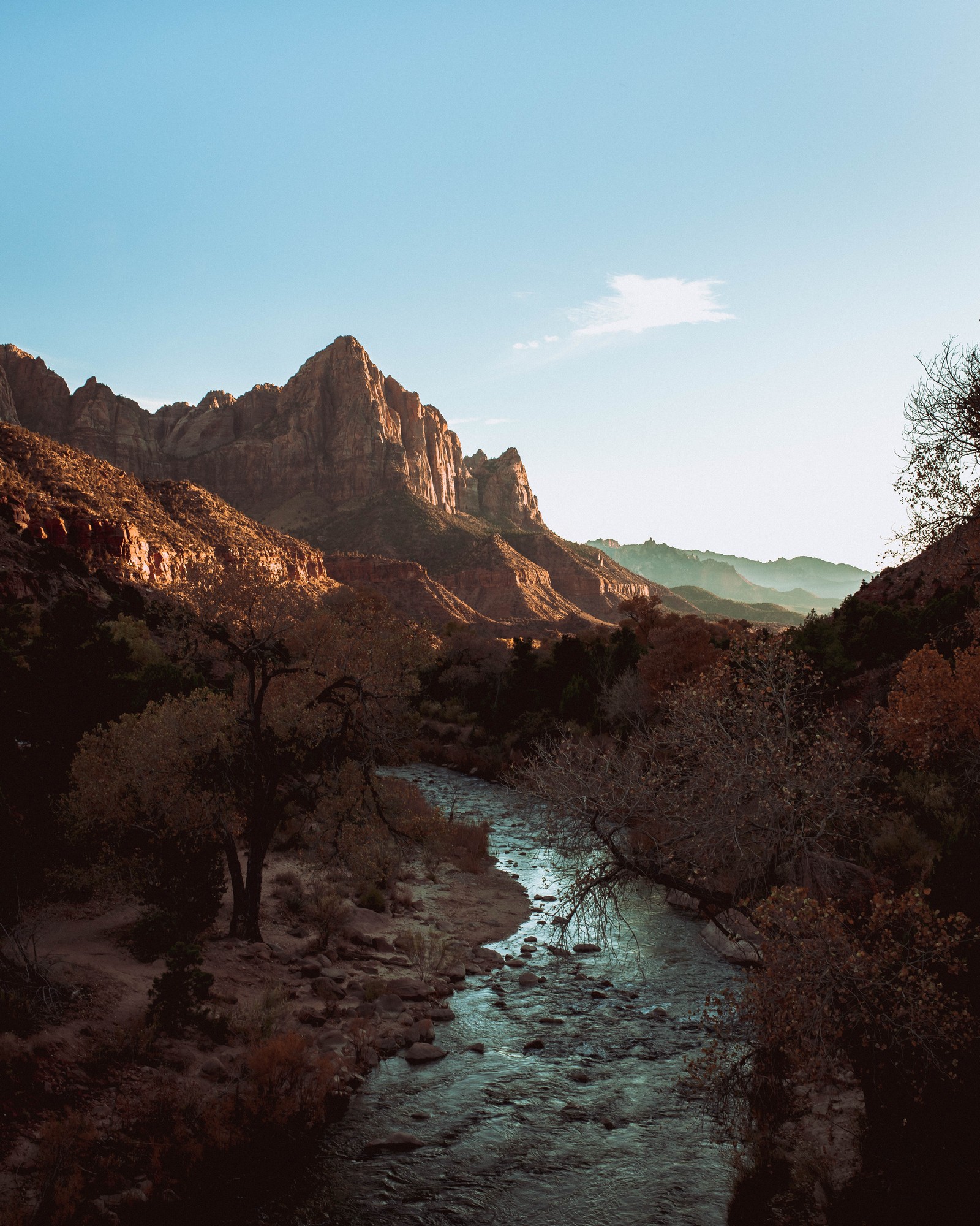 Hay un río que corre a través de un valle con montañas de fondo (roca, parque, desierto, formas montañosas, parque nacional zion)