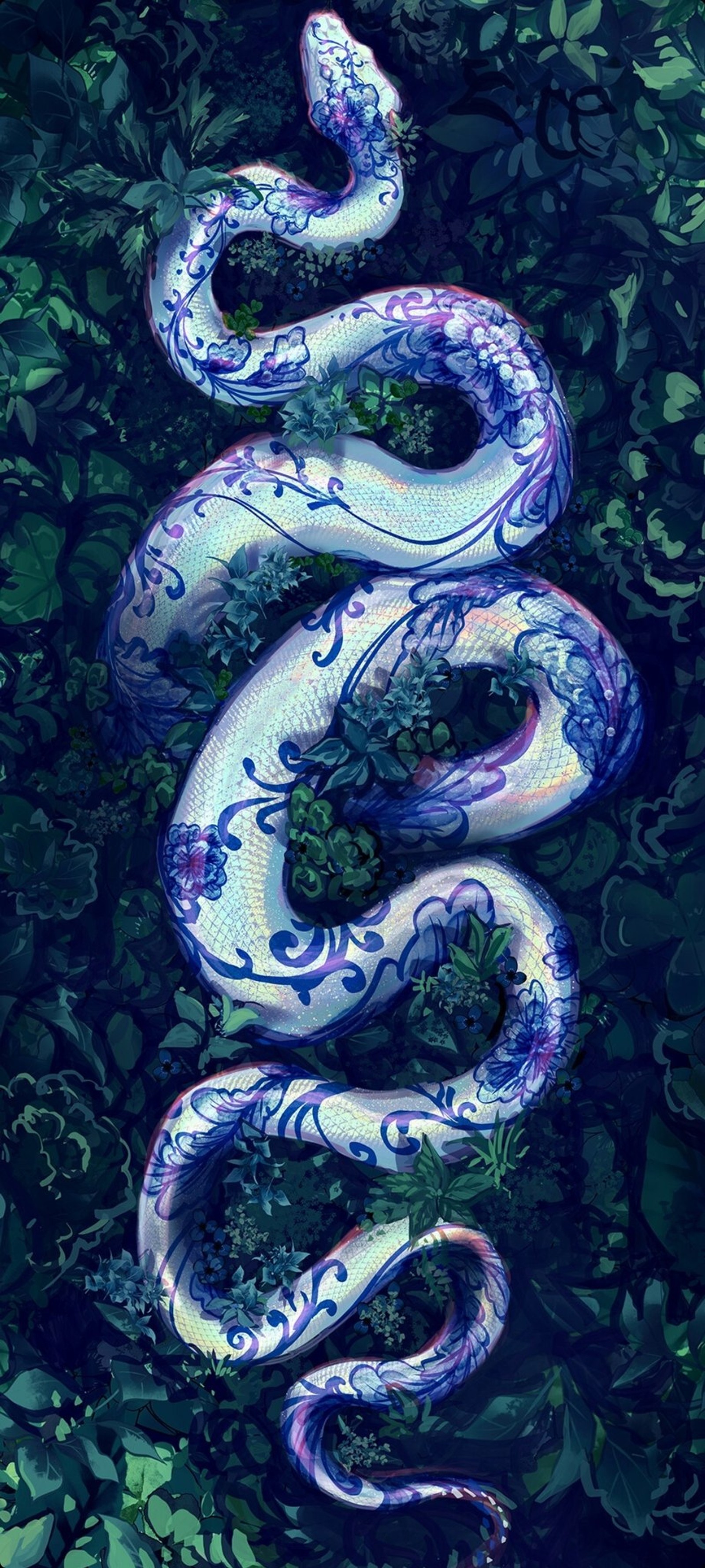 Painting of a snake in the middle of a bush with leaves (blue, art paint, botany, snake, scaled reptile)