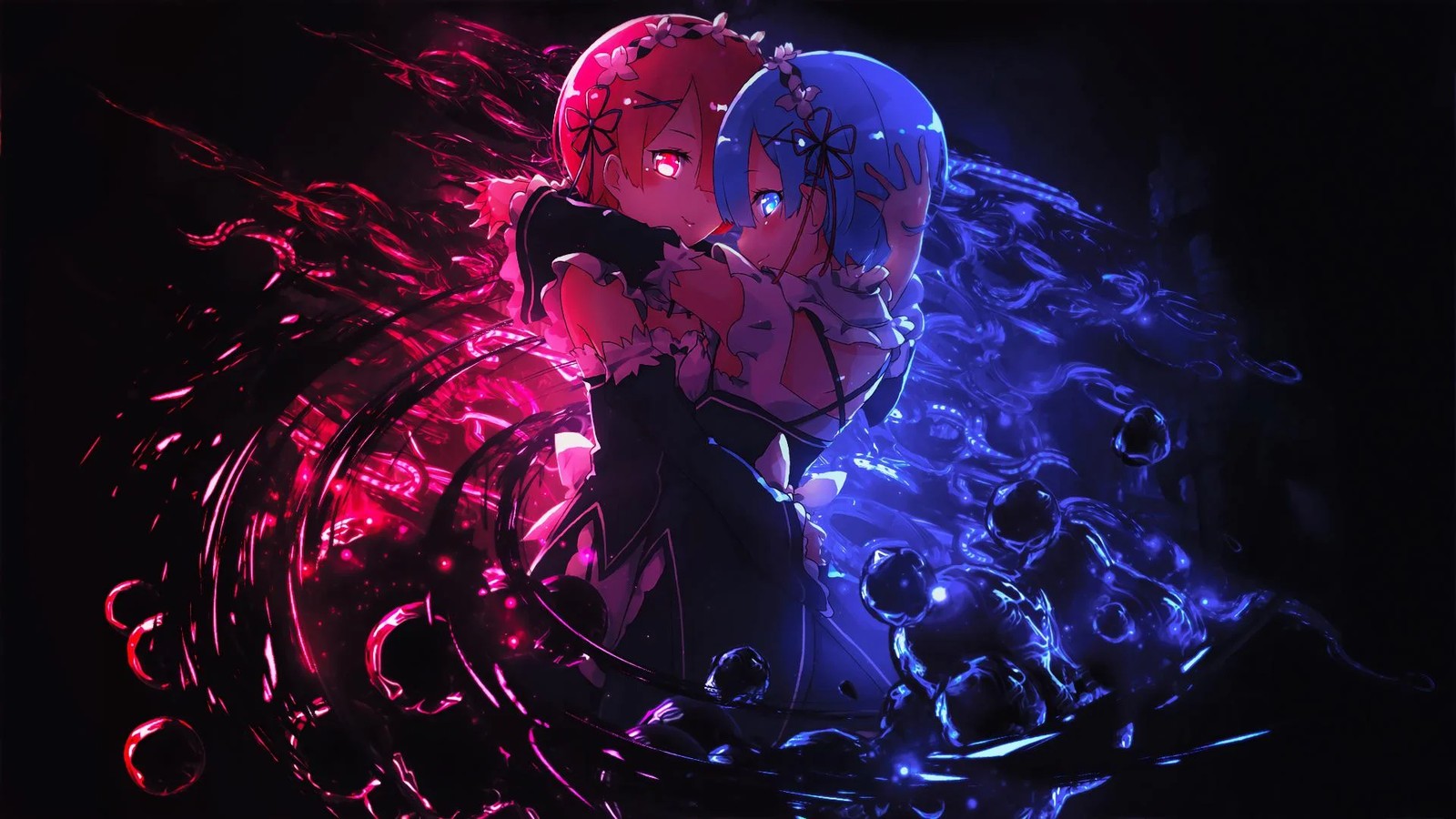 Anime couple in a dark room with a red and blue light (art, anime art, poster, anime, water)