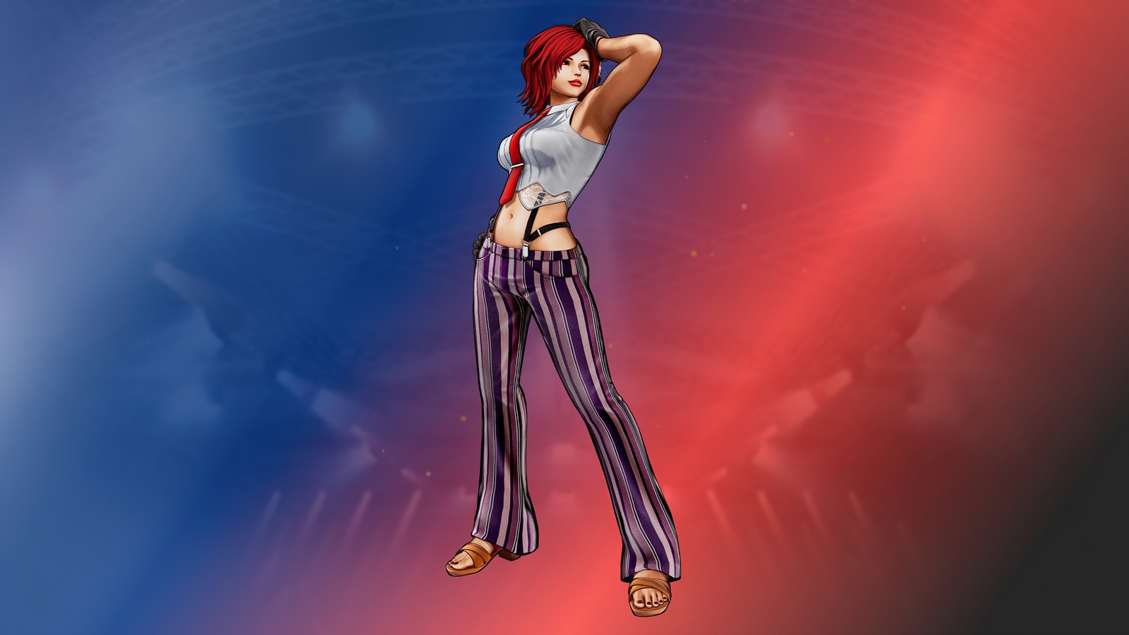 Un primer plano de una persona con cabello rojo y camisa azul (vanessa, the king of fighters xv, kof 15, videojuego)