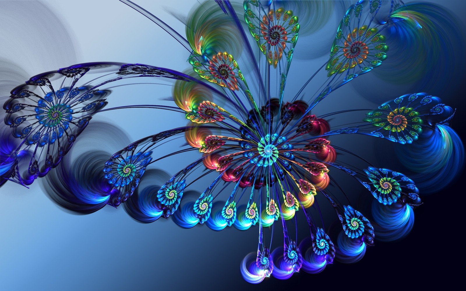 Há um arranjo de flores muito colorido com muitas cores (arte fractal, azul cobalto, simetria, flora, gráficos de computador 3d)