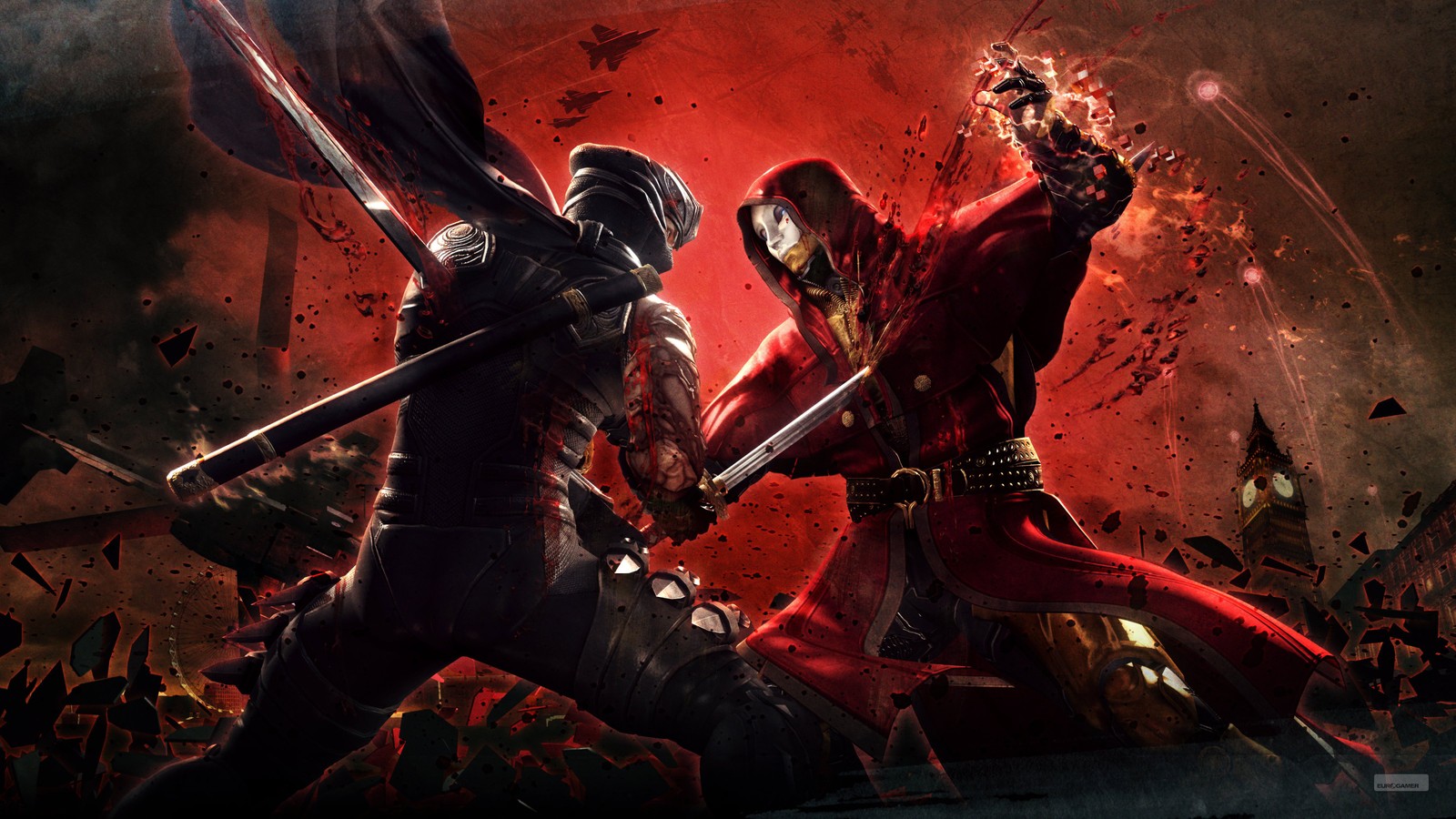 Two ninja fighting in a dark room with red lights (ninja gaiden, ninja gaiden 3, ninja gaiden ii, ryu hayabusa, team ninja)