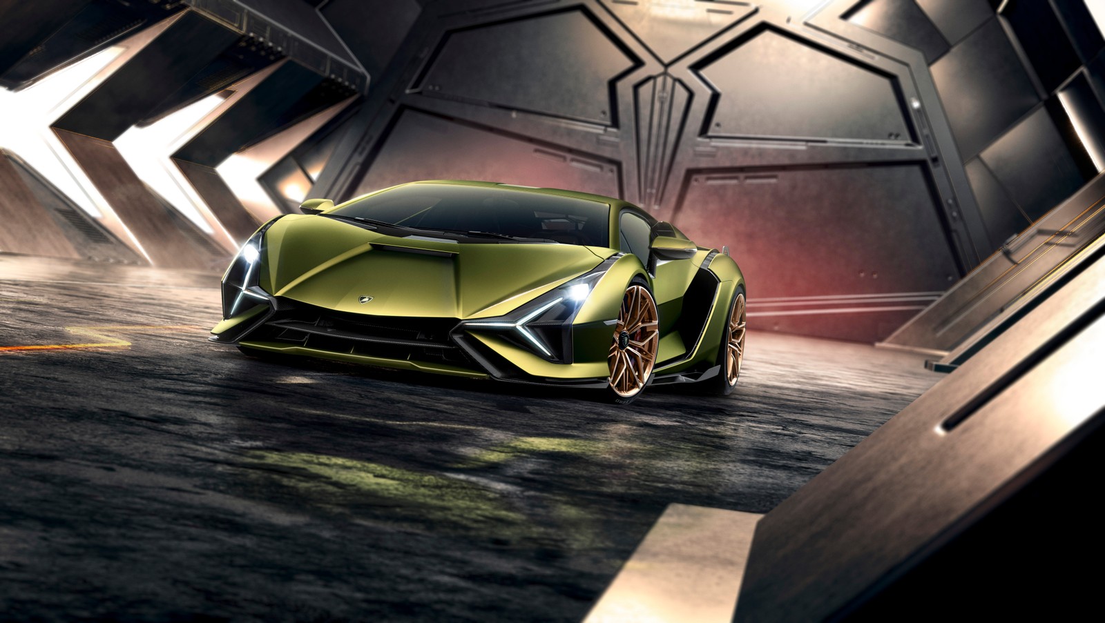 Coche concepto lamborghini en un túnel futurista (lamborghini sian, 8k, coche deportivo híbrido, 5k, coches)