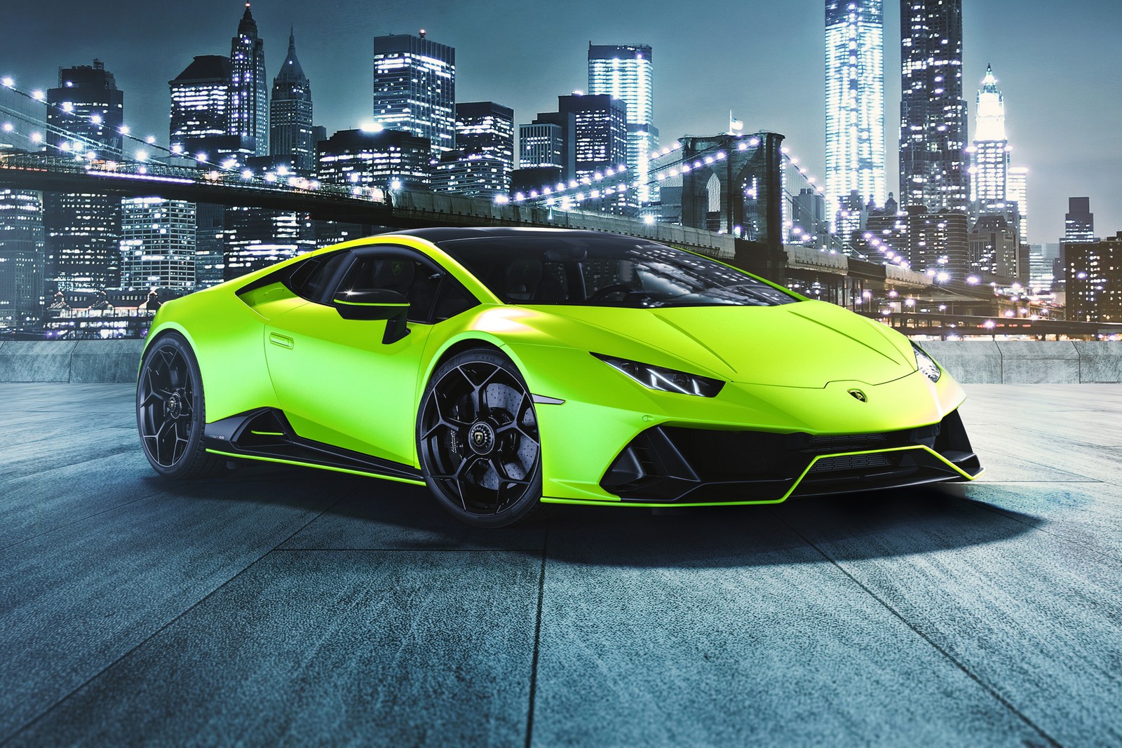 Téléchargez le fond d'écran lamborghini huracan evo fluo capsule, pont de brooklyn, nuit, new york, new york city