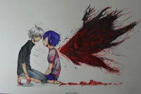 Una ilustración impactante de Kaneki y Touka de "Tokyo Ghoul", capturando su conexión emocional en medio de un fondo oscuro y caótico, simbolizando la lucha entre la humanidad y la monstruosidad.