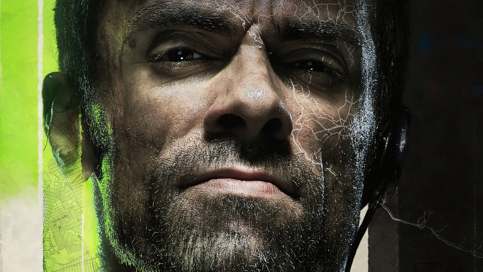 Un hombre con barba y un rostro sin barba sosteniendo un objeto verde (alejandro vargas, call of duty modern warfare 2, videojuego, call of duty modern warfare, cod modern warfare)