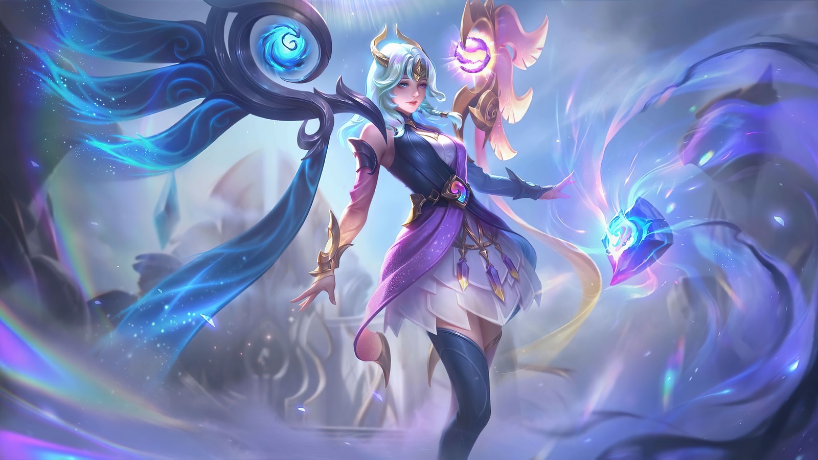 Une femme en robe violette tenant une lumière bleue et violette (lunox, dawn revelation, mobile legends, bang bang, mlbb)