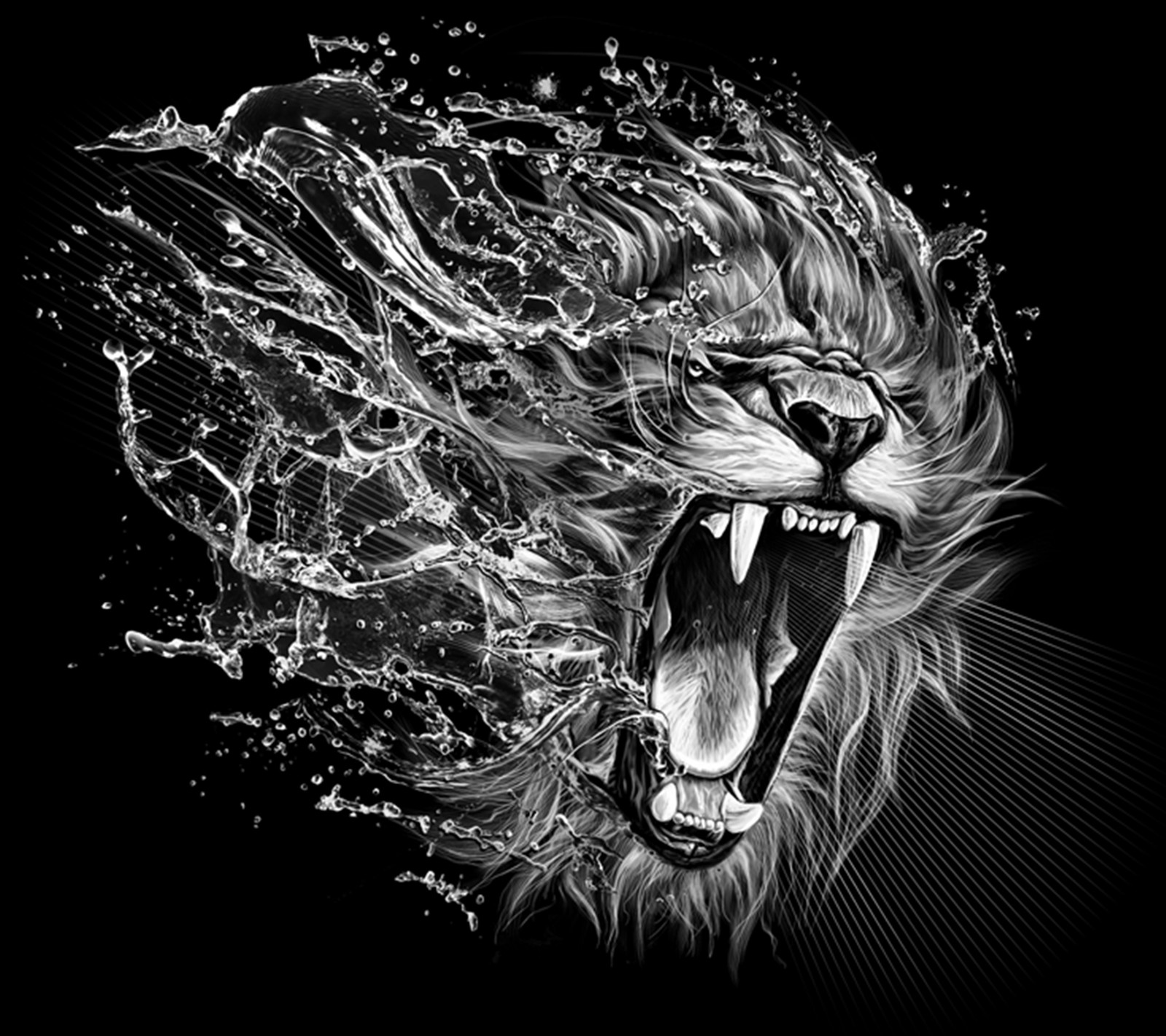 Gros plan de la tête d'un lion avec de l'eau éclaboussée autour (abstrait, design, furieux, le lion)