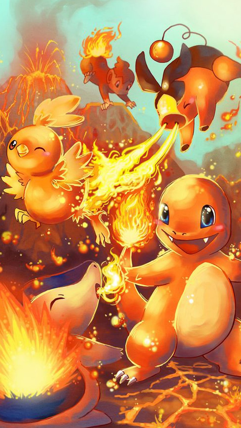 Покемоны играют с огнем на поле с другими покемонами (чармандер, charmander, циндэквил, cyndaquil, огонь)