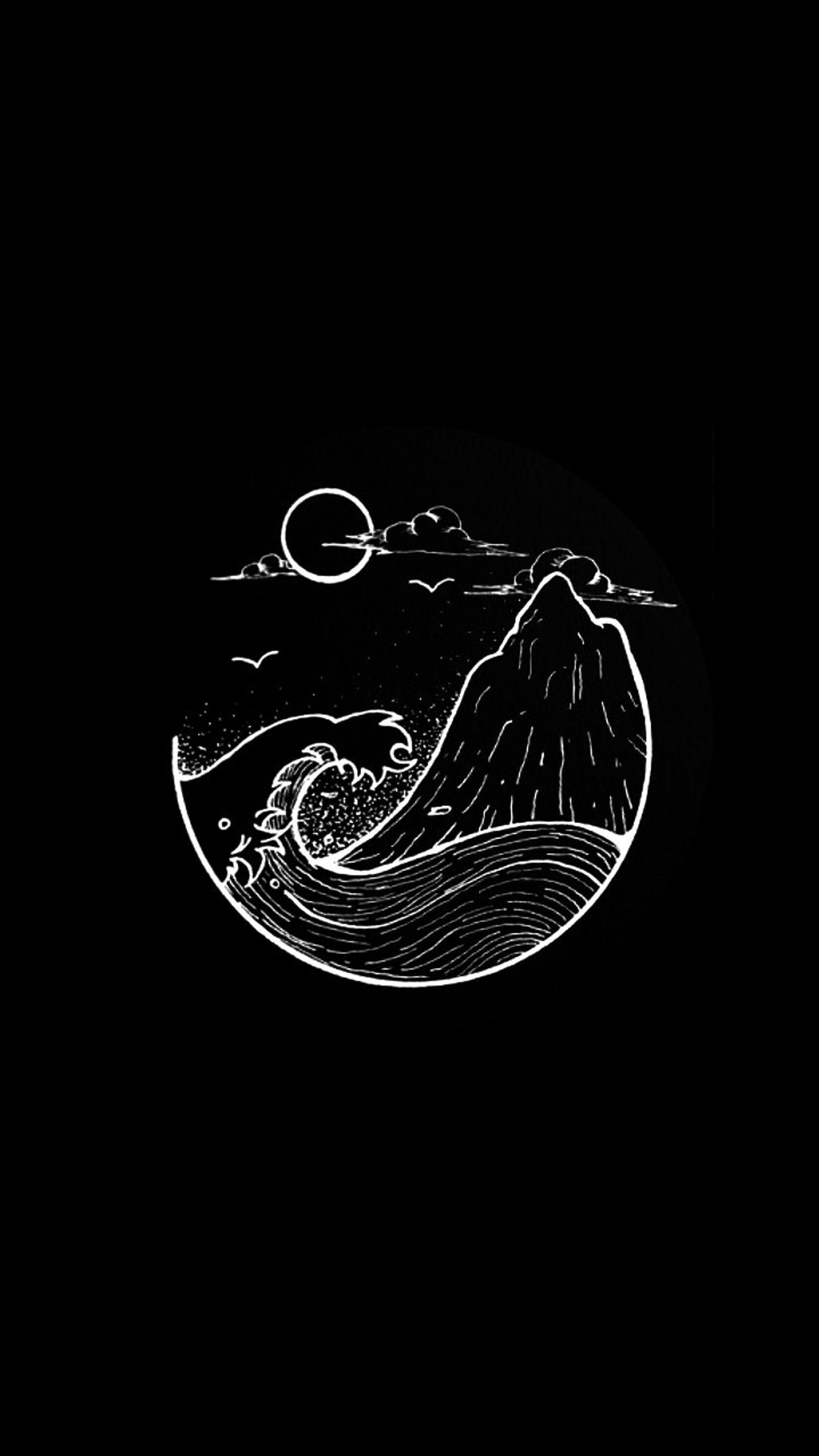 Un dessin noir et blanc d'une montagne avec une vague qui approche (génial, japonais)