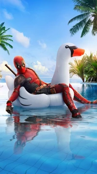 Deadpool se relaxant sur un flotteur en forme de cygne dans un cadre de piscine tropical