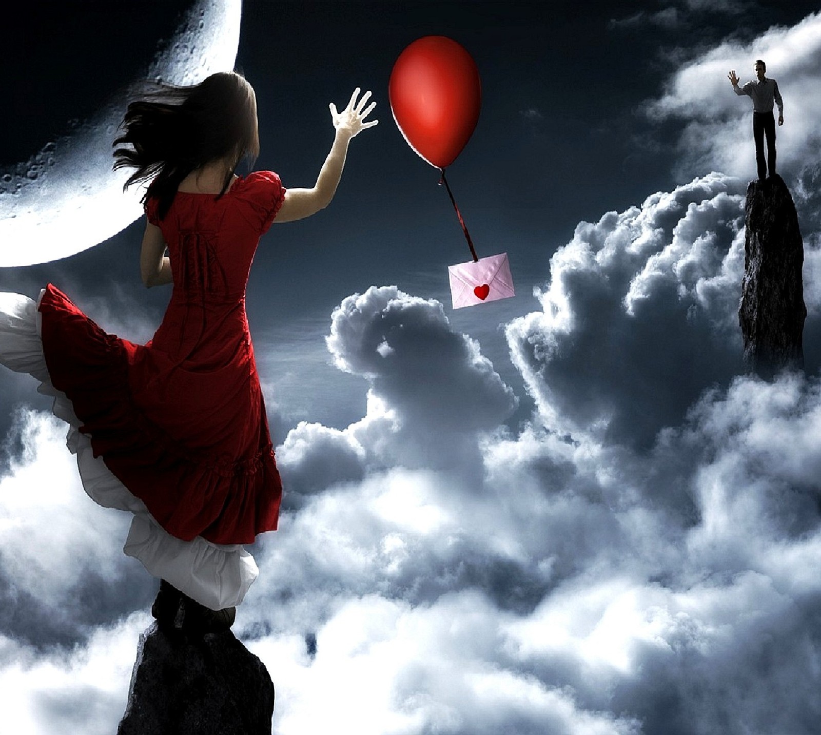 Il y a une femme qui fait voler un ballon rouge dans le ciel (amour)