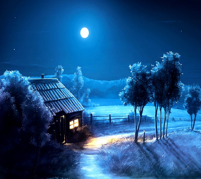 Pintura de una cabaña en un campo nevado con una luna llena (noche)