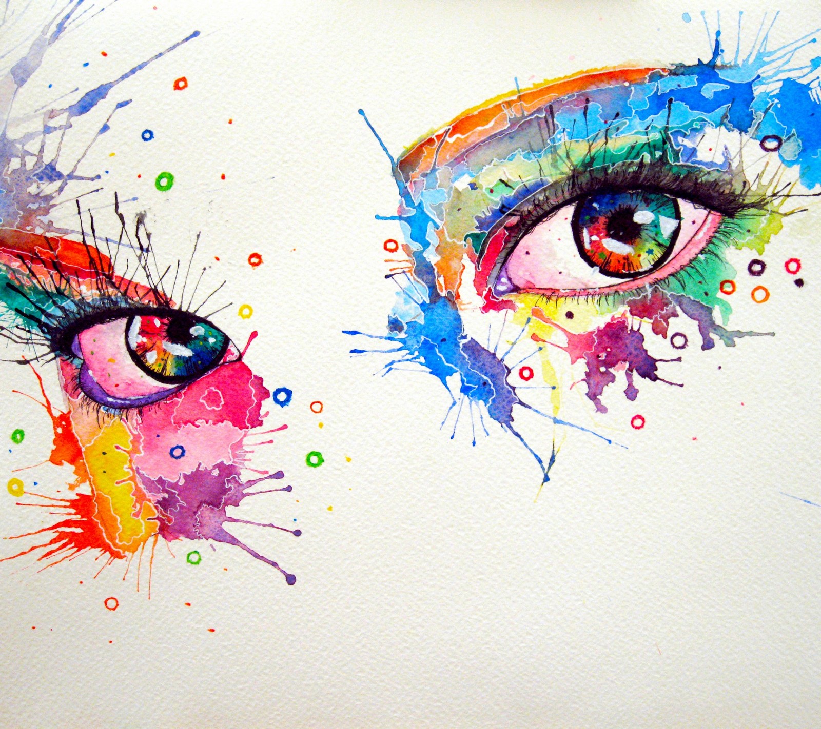 Painting of two colorful eyes with a splash of paint on the side (abstract, awesome, beauty, colorfull, cool)