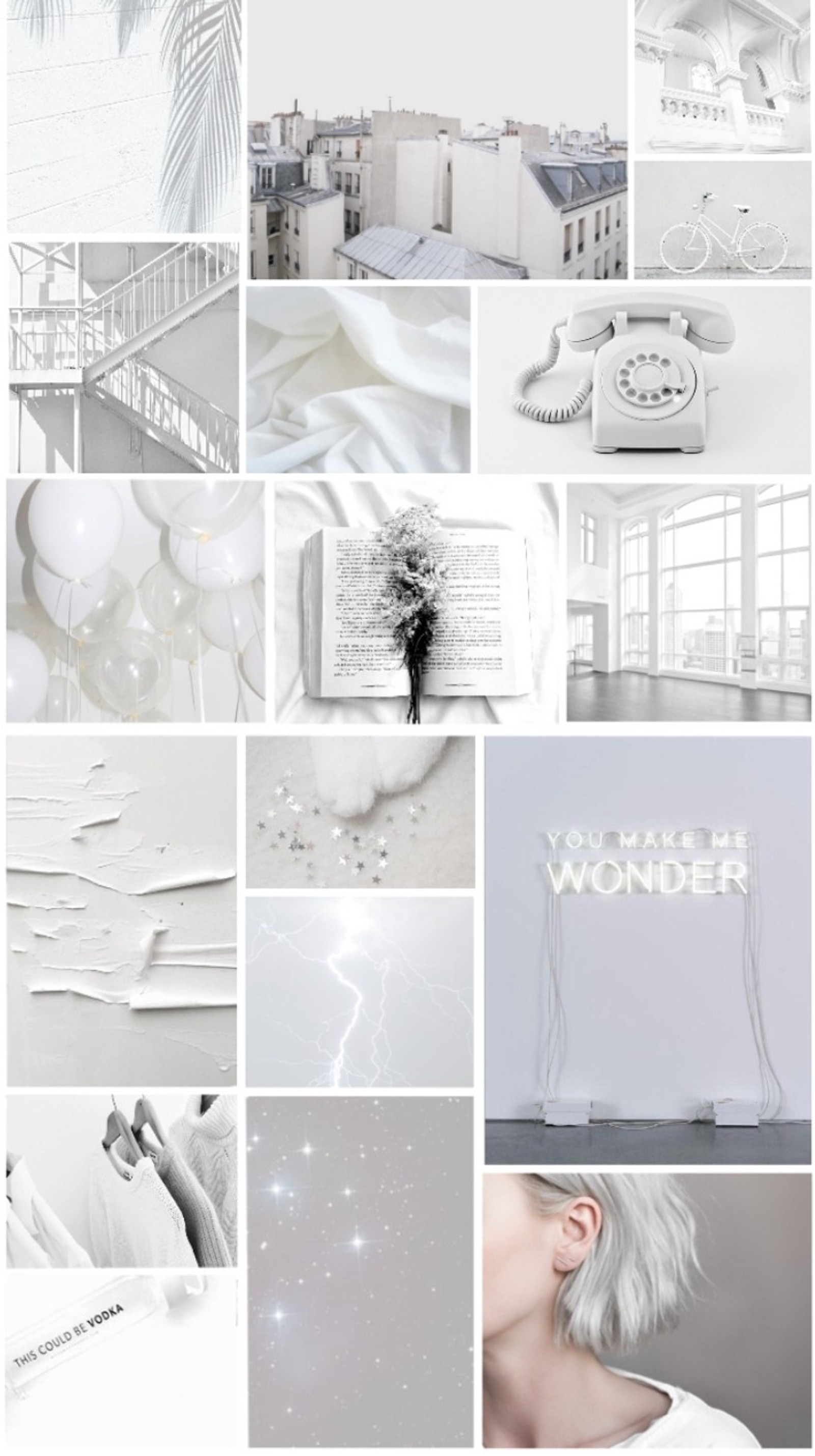 A close up of a collage of white images with a woman (white aesthetic, pretty)