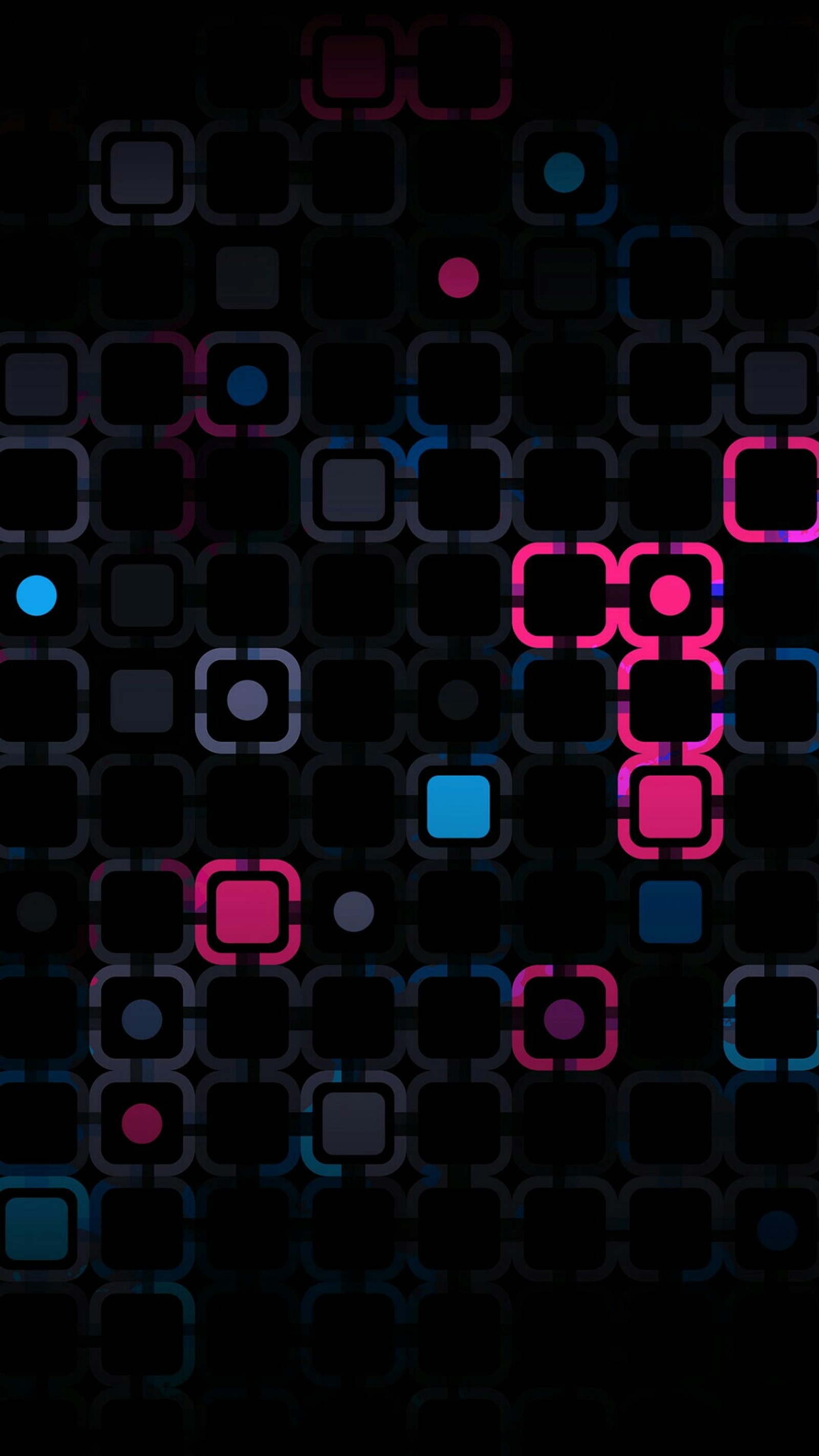 There are many different colored squares on a black background (colors, pink, red)