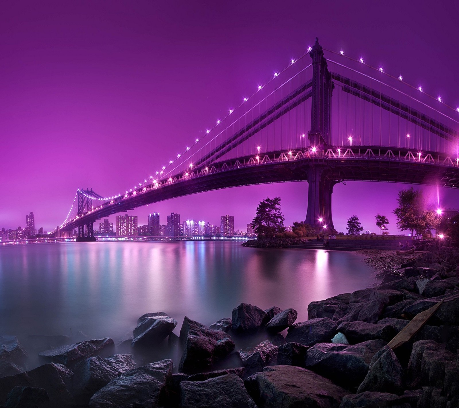 Descargar fondo de pantalla puente, ciudad, diseño, lago, púrpura